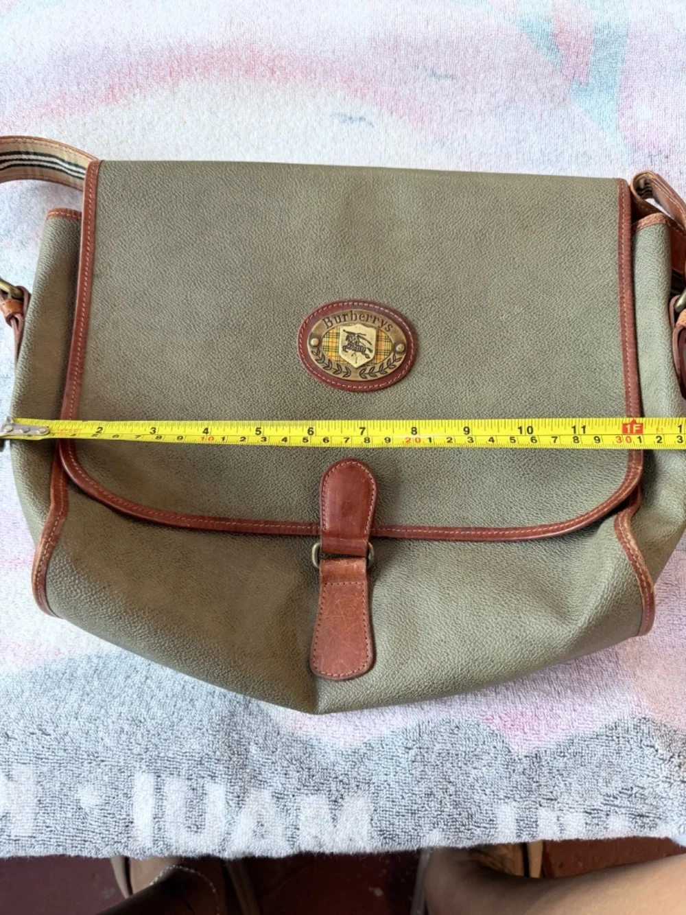 Vintage Burberrys Coated Canvas Messenger Crossbody Bag- OliveGrey